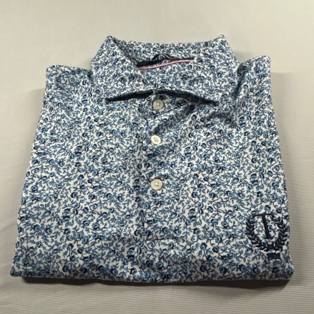 RLX Ralph Lauren Mens Blue Floral Print Golf Polo Shirt Size Medium